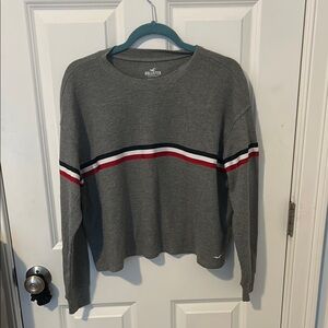 Hollister Gray Sweater with Red and White Stripes